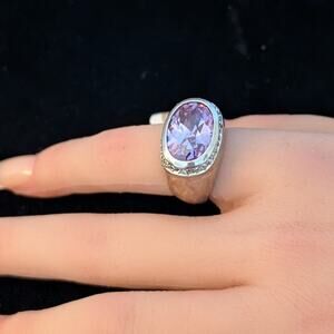 Signed LGA 925 Enamel Faceted Purple Crystal Center Stone Cocktail Ring Sz. 6